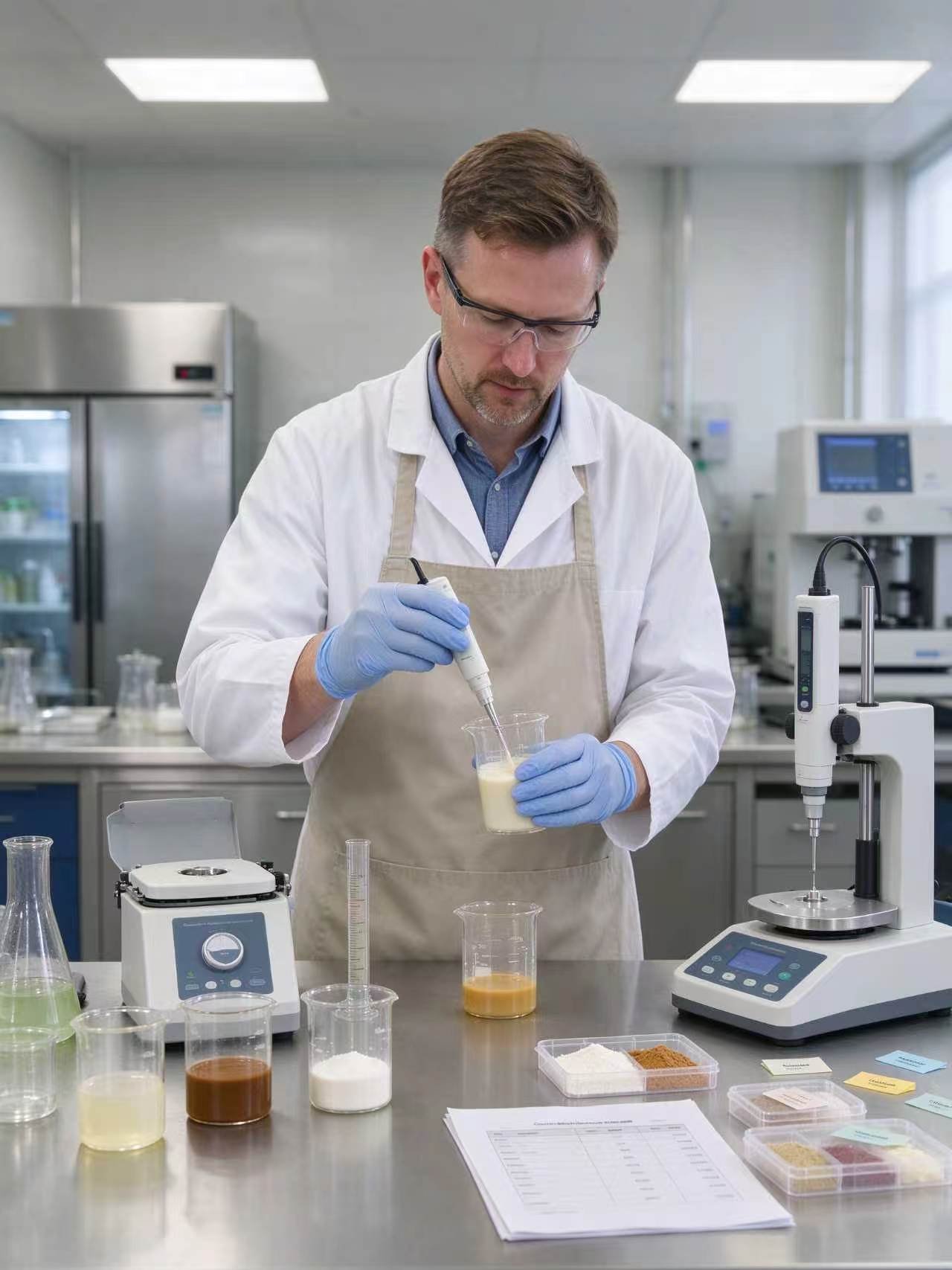 A product development specialist testing a sample in a laboratory