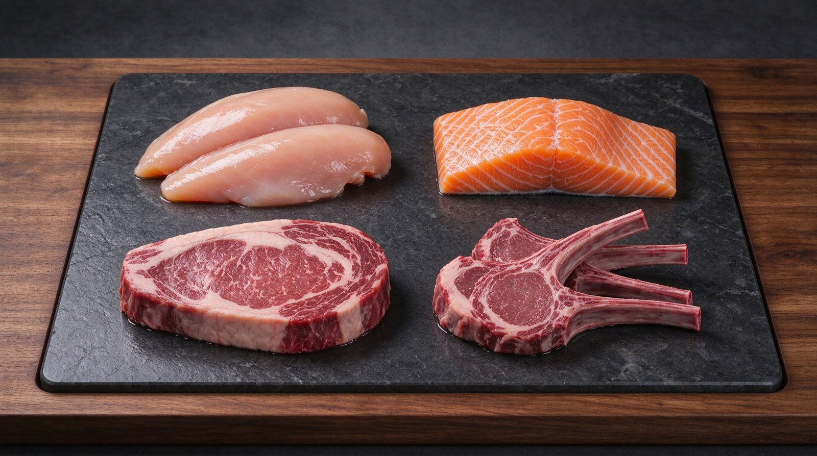 Chicken, salmon, beef and lamb arranged on a stone board